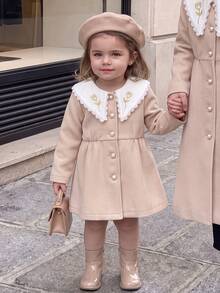 SHEIN Cute Colorblock Peter Pan Collar Long Coat For Baby Girls - Apricot - View 3