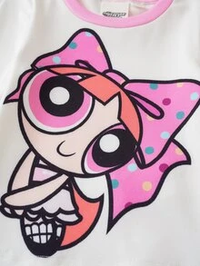 THE POWERPUFF GIRLS X SHEIN Baby Girl Cartoon Pattern Long Sleeve Top And Pants Casual Daily Home Pajama Set - Pink - View 4