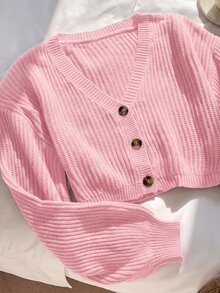 SHEIN EZwear 純色鈕扣前開襟羅紋針織開襟衫，長袖上衣，秋冬針織毛衣 - 淺粉色 - 查看 7
