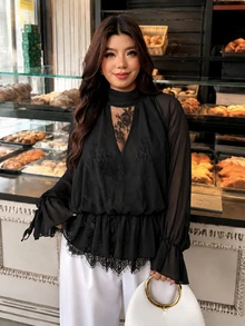 Vionelle 大尺碼純色透視蕾絲拼接插肩袖綁帶設計女款襯衫，適合早午餐、下午茶、正式場合，棕色夏季休閒優雅星空風 - 黑色 - 查看 6