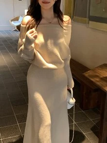 DAZY Women's Asymmetrical Shoulder Long Sleeve Sweater And Knit Mermaid Skirt Elegant 2 Pieces Set - Khaki - View 4