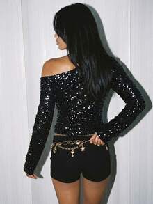 SHEIN PETITE Women's Solid Color Asymmetrical Shoulder Long Sleeve Sequin Fitted Fashion Top - Black - View 2