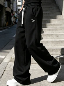 Sport MetroGents 男士青少年街頭時尚印花抽繩長褲，薄款布料休閒慢跑褲，適合日常穿著、戶外活動與運動 - 黑色 - 查看 4