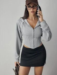 Cévolie Women's Solid Color Long Sleeve Zip-Up Hooded Drawstring Sports Jacket - Grey - View 6