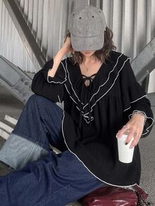 FRIFUL 女款初秋新款韓式風層次荷葉領綁帶袖口喇叭袖純色T恤 - 黑色 - 查看 6