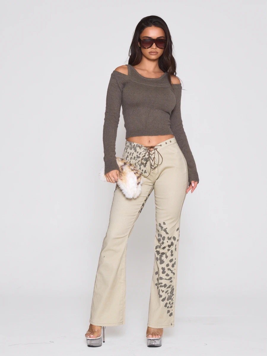 MUSERA Graphic Leopard Printed V Dipped Lace Up Waist Fitted Flare Low Rise Jeans Autumn Winter Fall Coolgirl Holiday Everyday Roadside Renegade - Apricot - View 1