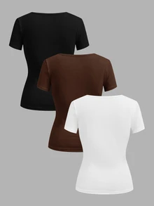 SHEIN EZwear 3件組女款素色V領短袖休閒T恤 - 彩色 - 查看 3