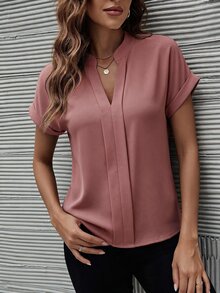 SHEIN Clasi 純色V領休閒寬鬆短袖上衣，適合日常穿著，夏季百搭上衣 - 藕粉色 - 查看 5