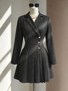 Fine & Folde Women's Autumn/Winter Polka Dot Faux Pearl Button Pleated Dress For Dating - Black - View 1