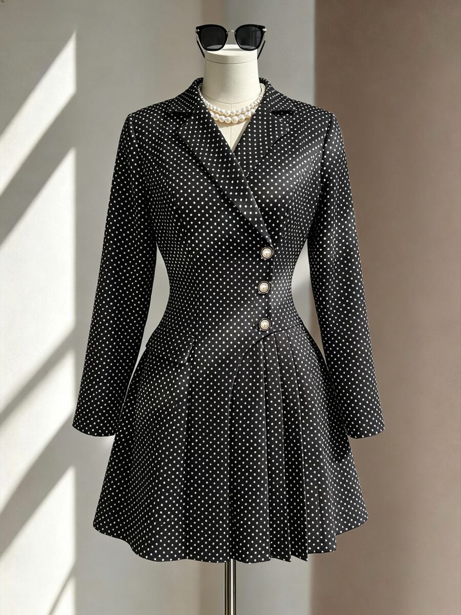 Fine & Folde Women's Autumn/Winter Polka Dot Faux Pearl Button Pleated Dress For Dating - Black - View 1