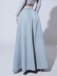 SHEIN SXY Women's Striped Waist Button Placket Casual Denim Skirt - Blue and White - View 2
