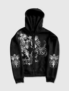 ROMWE MEN Goth Men's Cross Print Zip-Up Hoodie Without Pockets - Black - View 3