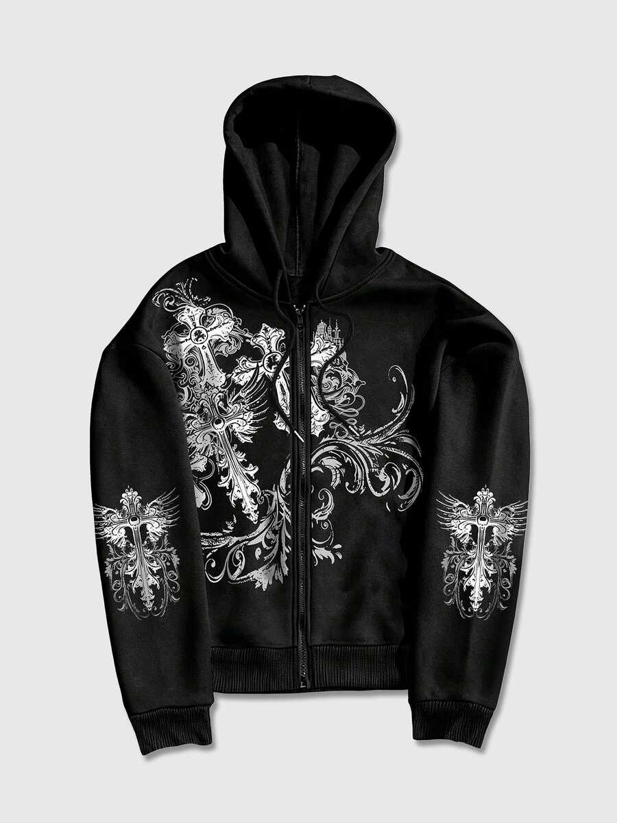 ROMWE MEN Goth Men's Cross Print Zip-Up Hoodie Without Pockets - Black - View 1