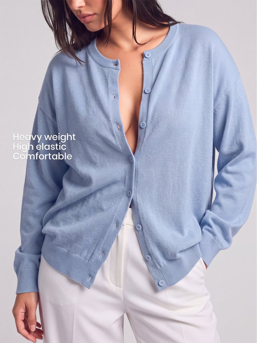 YARNWELL Plus Size Solid Color Minimalist Versatile Single-Breasted Long Sleeve Knit Cardigan Fall - Teal Blue - View 1