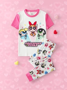 THE POWERPUFF GIRLS X SHEIN Tween Girl Cartoon Pattern Short Sleeve Top And Long Pants Casual Daily Home Sleepwear Set - Pink - View 1