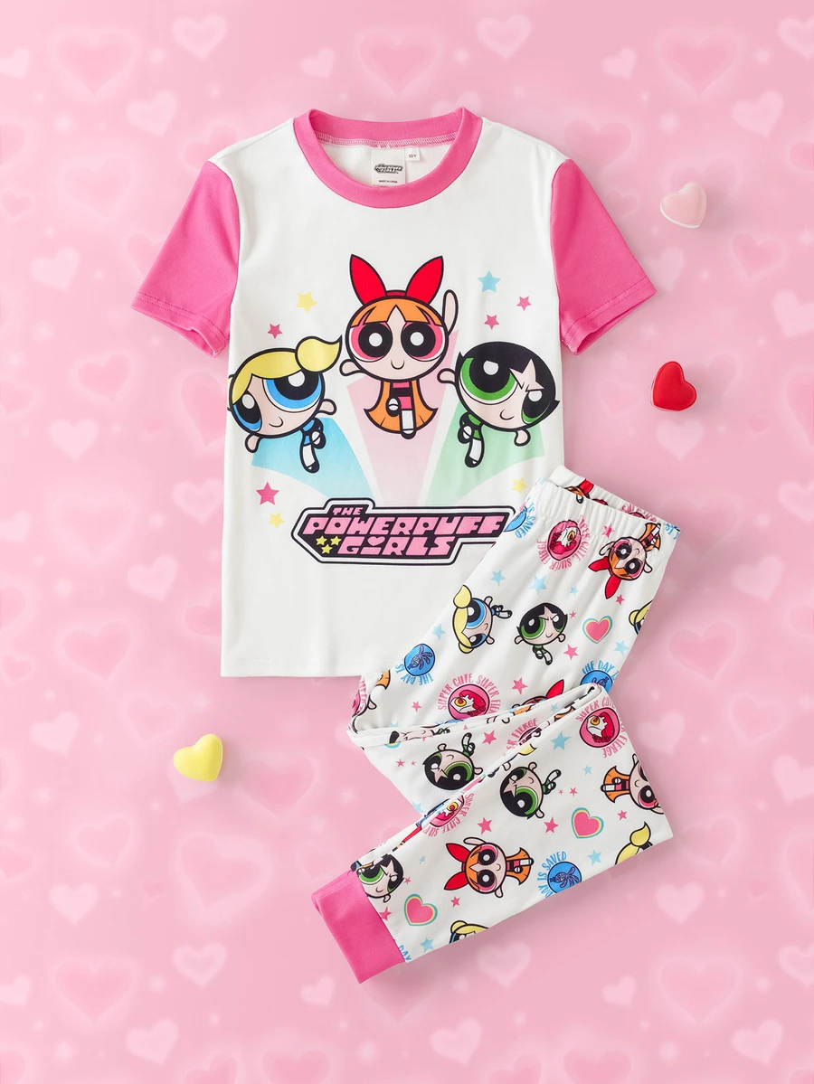 THE POWERPUFF GIRLS X SHEIN Tween Girl Cartoon Pattern Short Sleeve Top And Long Pants Casual Daily Home Sleepwear Set - Pink - View 1