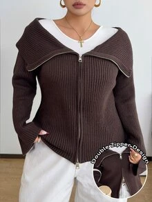 POPSWAY Plus Size Women's Plus Size Collar Double Zipper Solid Dark Brown Ribbed Knit Short Cardigan, Long Sleeve, Suitable For Spring/Autumn/Winter/Back To School/Daily Commute/Outing/Indoor/Outdoor/Date Wear, Versatile Solid Color Knit Cardigan - Coffee Brown - View 3