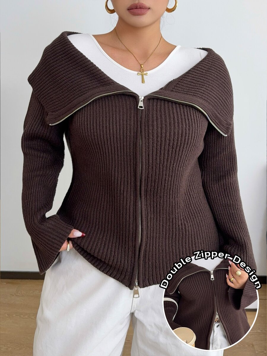 POPSWAY Plus Size Women's Plus Size Collar Double Zipper Solid Dark Brown Ribbed Knit Short Cardigan, Long Sleeve, Suitable For Spring/Autumn/Winter/Back To School/Daily Commute/Outing/Indoor/Outdoor/Date Wear, Versatile Solid Color Knit Cardigan - Coffee Brown - View 1