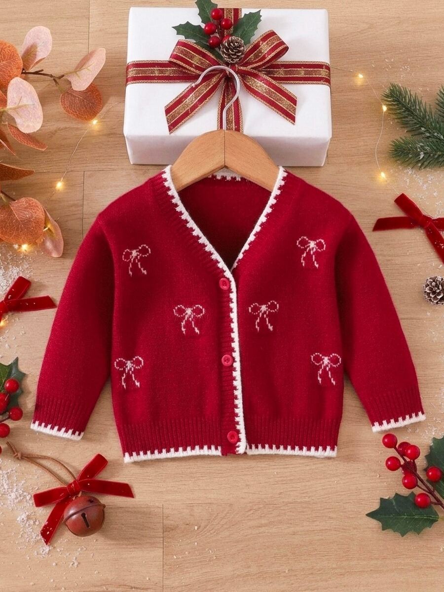 SHEIN Cardigan Rajut Leher V Motif Pita Lucu untuk Bayi Perempuan Warna Merah, Cocok untuk Musim Gugur/Dingin, Cocok untuk Liburan, Natal, Sweater, Gaya Musim Gugur Terbaru - MultiWarna - View 1