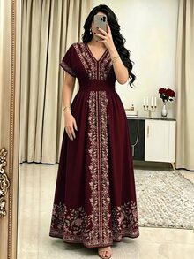 Modelyn Floral Plant Embroidered Style Women's Fashion V-Neck Short Sleeve Cinched Waist Long Dress, Floral Pattern Black Dress, Suitable For Daily And Going Out Wear - Multicolor - View 4