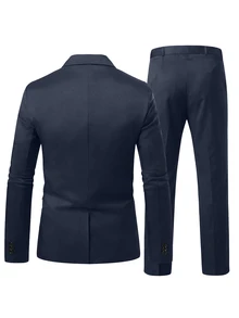 Manfinity Mode Men's Slim Fit Suit Set,Elegant Black Summer Formal Two-Pieces Blazer And Trousers For Dinner,Business,Wedding,Old Money Style Classic Suits,Ceremony - Navy Blue - View 2