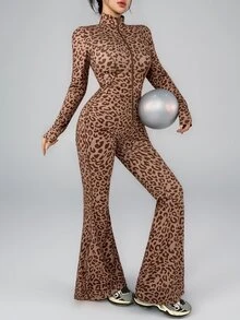 DAZY Jumpsuit Wanita Motif Leopard dengan Resleting Pas Badan - Coklat - View 1