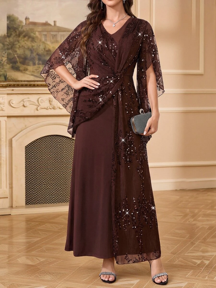 Amorya Women's Patchwork Sequin Mesh Elegant Glamorous Long Dress - Coffee Brown - View 1
