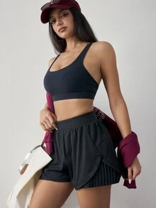 SHEIN Dewbera Women's 2-In-1 Sports Shorts With Hidden Pockets - Black - View 7