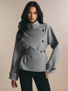 Poéselle 女款格紋立領單排扣長袖休閒風衣外套 - 黑與白 - 查看 1