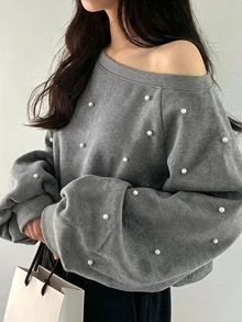 FRIFUL Sweatshirt Longgar Asimetris Model Korea Baru untuk Wanita, Dekorasi Manik-manik, Bahu Asimetris, Awal Musim Gugur - Grey - View 1
