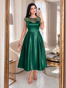 Auveirra Plus Size Women's Mesh Patchwork Casual Party Dress - Dark Green - View 4