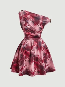 SHEIN MOD Plus Size Casual Floral Print Asymmetric Neckline Waist-Cinching Dress - Multicolor - View 2
