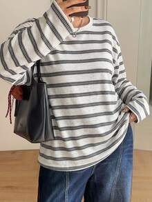 Dazy Plus Women's Plus Size Crew Neck Casual Loose Long Sleeve Street Style Fashion Striped T-Shirt - White - View 1