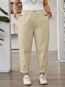 SHEIN CURVE+ 大尺碼女款休閒日常旅行牛仔褲，附口袋與鈕扣 - 卡其色 - 查看 3