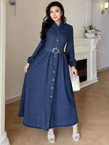 SHEIN MOD Women's Long Sleeve Single-Breasted Waist Buckle Design Casual Denim Dress - Dark Wash - View 5