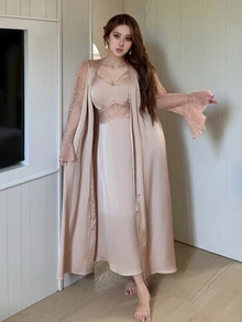 Dazy Plus Patchwork Camisole Maxi Dress Loose Long Cardigan Home Wear Elegant Pajama Set - Pink - View 7
