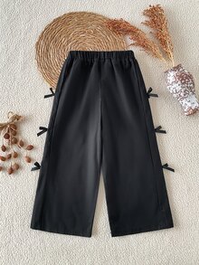 SHEIN 1件少女秋冬復古休閒黑色純棉布直筒寬腿長褲，側面飾有3D蝴蝶結，適合春秋日常外出 - 黑色 - 查看 2