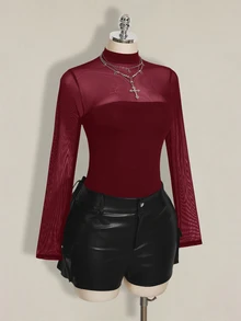 SHEIN ICON 大尺碼 Y2K 性感網紗拼接連身衣 - 酒紅色 - 查看 8