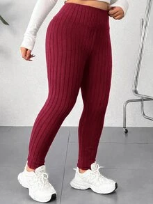 SHEIN EZwear 大尺碼休閒百搭高腰黑色緊身褲，夏季穿搭，女性沙灘穿搭，夏季度假穿搭，度假穿搭 - 酒紅色 - 查看 6