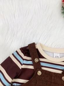 LMoss Kids Baby Boy Striped Sweatshirt + Vintage Brown Corduroy Overalls Set - Multicolor - View 7