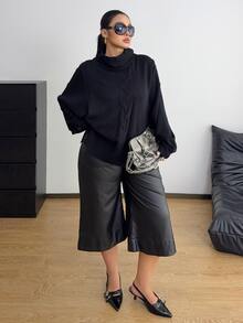 POPSWAY Plus Size Women's High Neck Ruched Collar Batwing Sleeve Cable Knit Single-Sided Button Loose Slouchy Elegant Solid Color Knit Sweater Pullover, Suitable For Spring/Autumn/Winter/Back To School/Daily Commute/Outing/Date/Indoor/Outdoor/Date Outfit Versatile Solid Color Knit Sweater Pullover - Black - View 5