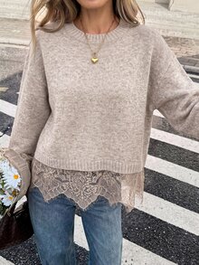 Serisse 女款素色圓領長袖蕾絲下擺拼接針織衫 - 卡其色 - 查看 3