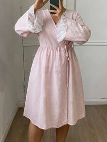 Dazy Plus Autumn Sweet Plaid Embroidered Lace Trim Patchwork Loose Fit Nightgown - Pink - View 7