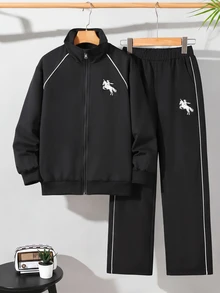 SHEIN Coolqubz 2件組 男士青少年休閒街頭風 白色解構設計立領拉鍊夾克與寬鬆直筒運動長褲套裝，適合休閒酷帥街頭風帥氣造型 - 彩色 - 查看 9