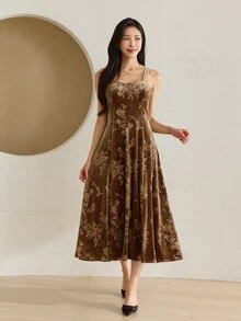 DAZY Elegant Waist-Flattering A-Line Midi Dress For Women - Brown - View 6