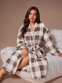 Lazeform Casual Plaid Print Long Sleeve Long Robe Plus Size - Multicolor - View 4