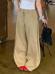 Dazy Plus Casual Loose Wide Leg Curved Hem Multi-Button Spring Autumn New Denim Jeans - Khaki - View 6
