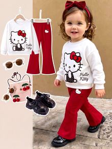 HELLO KITTY AND FRIENDS | SHEIN 女嬰春秋冬兩件套，圓領長袖印花衛衣搭配純紅色喇叭褲，可愛休閒幼兒套裝，適合日常穿著與外出 - 紅色 - 查看 2