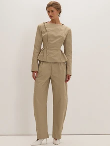 MUSEYN Stone Woven Peplum Hem Blazer Versatile Everyday Casual Chic New Season Fall - Khaki - View 2