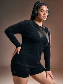 Powerista Women's Plus Size Long Sleeve Crew Neck Top And Shorts Sports Set - Black - View 5